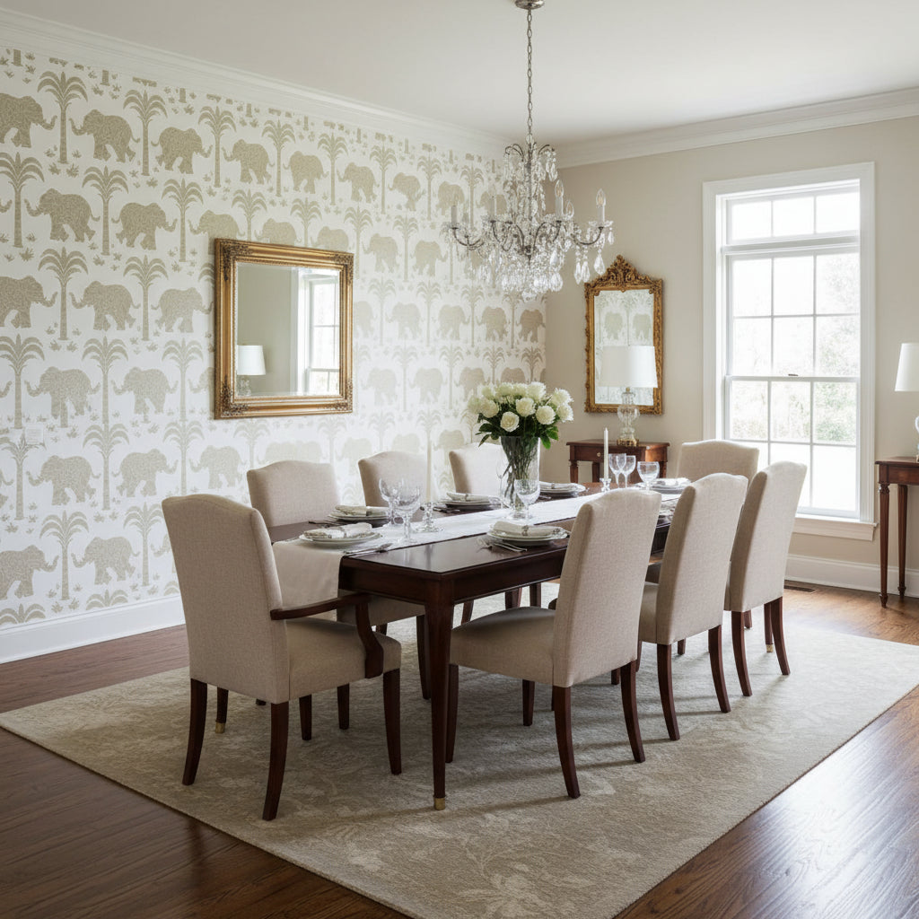 ELEPHANT Beige | Thibaut Wallcoverings - Dining Room Visualization (AI-generated, may not be to scale. Verify pattern scale with product specifications.)
