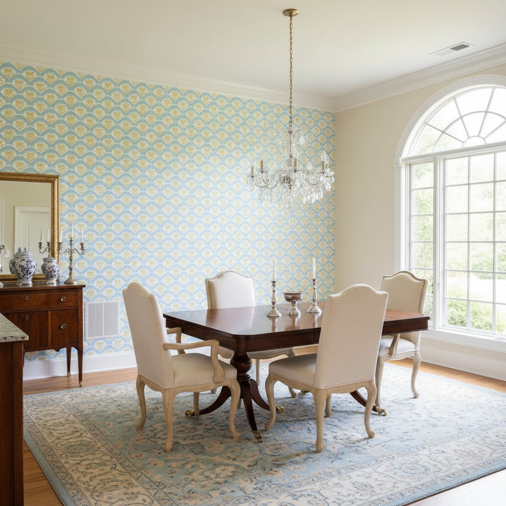 EMILY Yellow and Blue | Thibaut Wallcoverings - Dining Room Visualization (AI-generated, may not be to scale. Verify pattern scale with product specifications.)