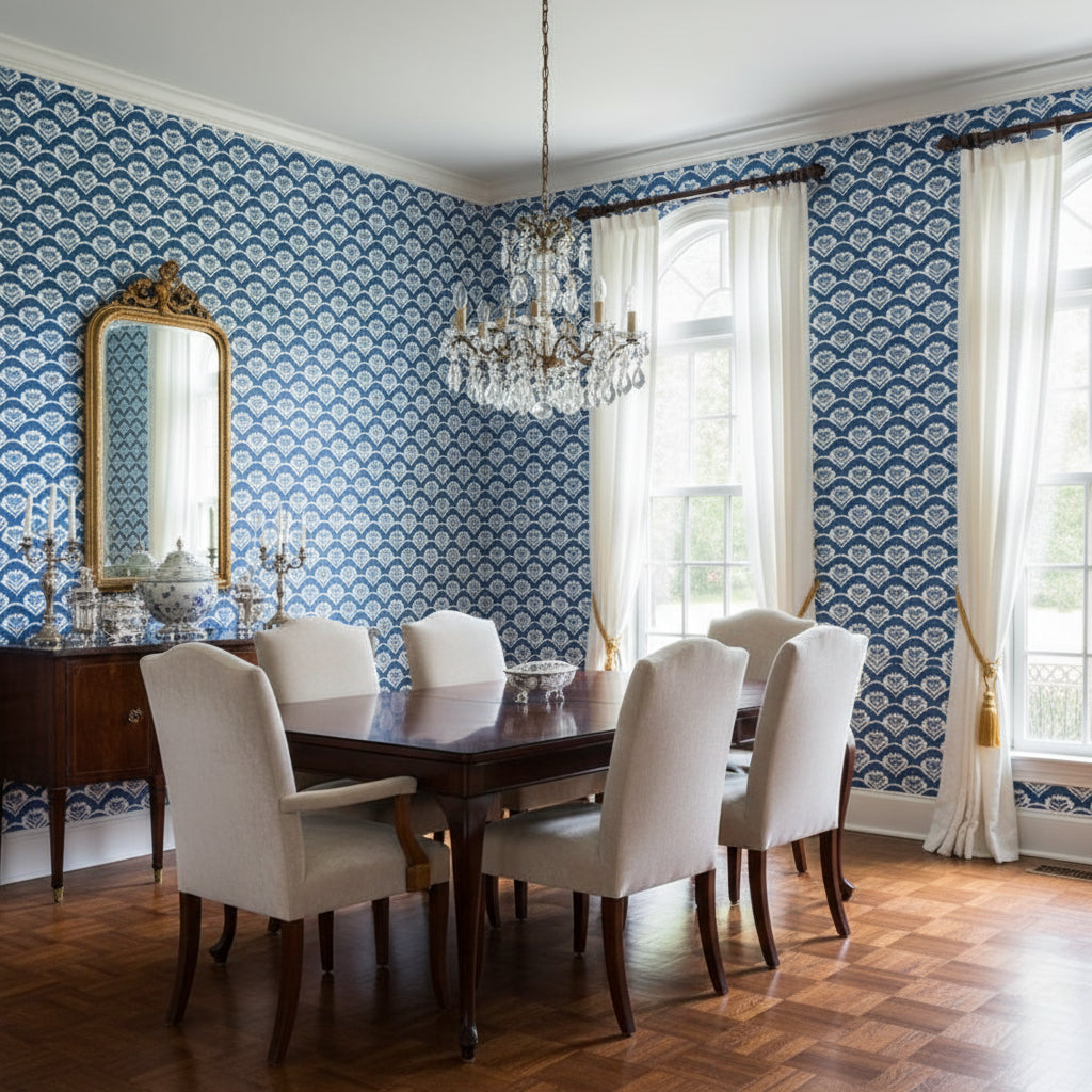 EMILY Navy | Thibaut Wallcoverings - Dining Room Visualization (AI-generated, may not be to scale. Verify pattern scale with product specifications.)