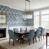 INDIES IKAT Navy | Thibaut Wallcoverings - Dining Room Visualization (AI-generated, may not be to scale. Verify pattern scale with product specifications.)