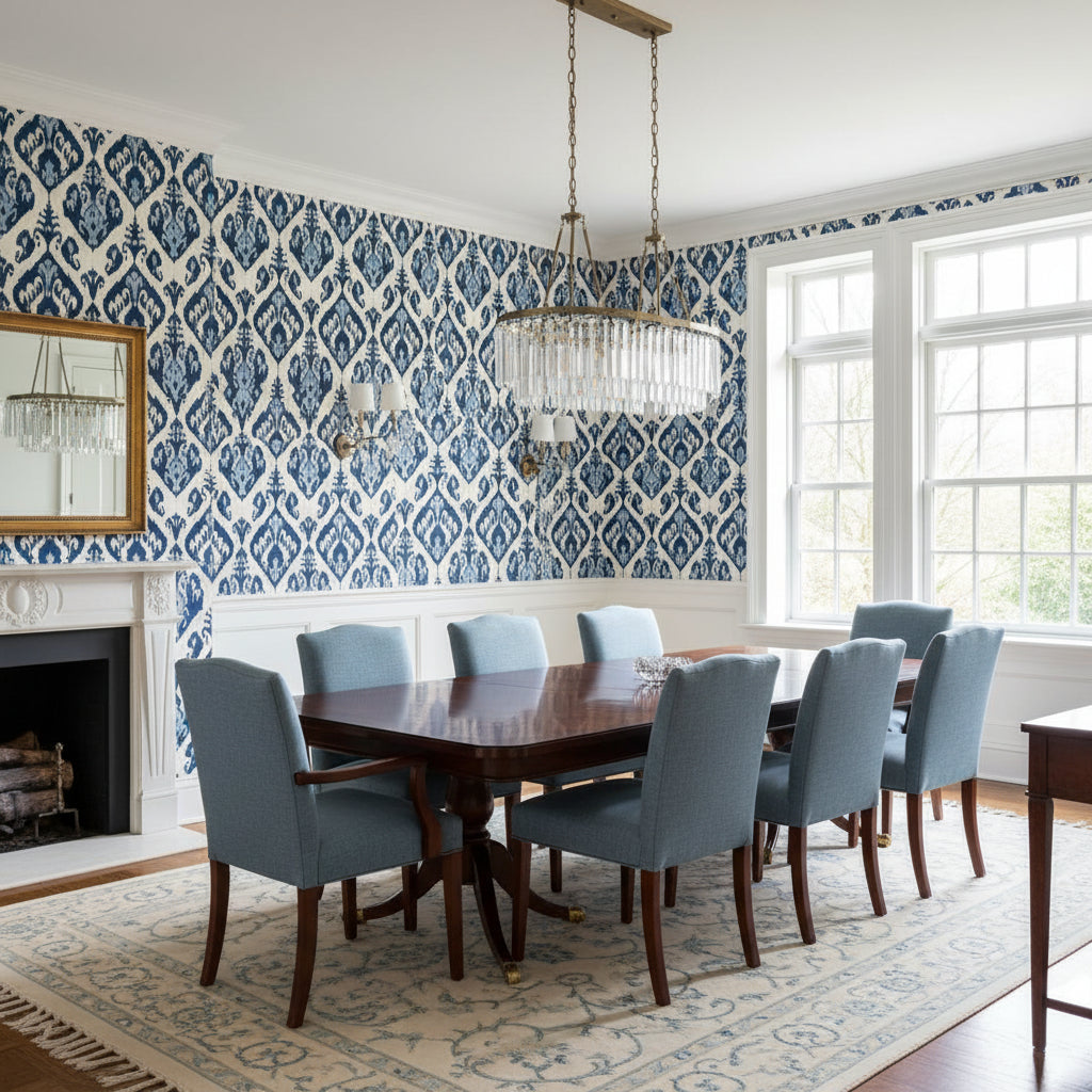 INDIES IKAT Navy | Thibaut Wallcoverings - Dining Room Visualization (AI-generated, may not be to scale. Verify pattern scale with product specifications.)
