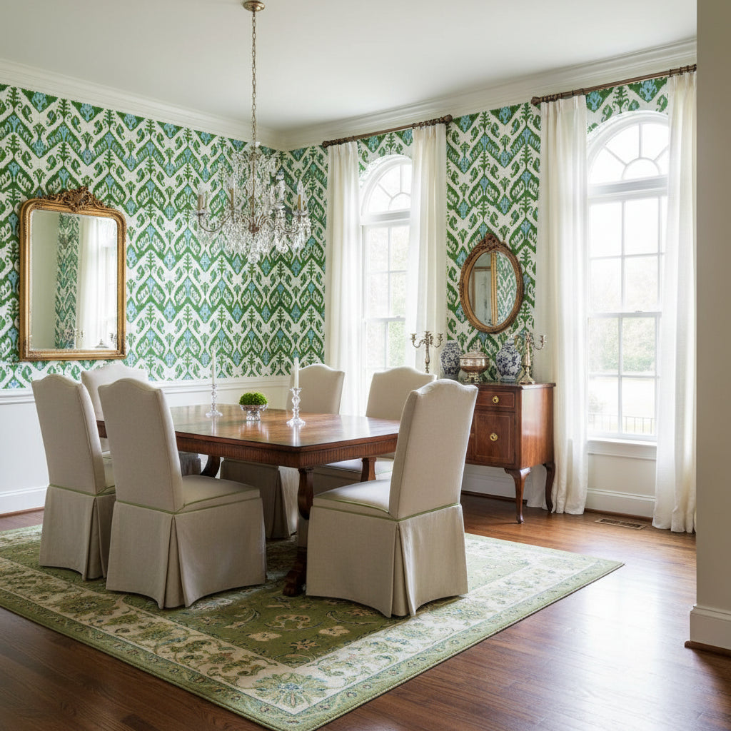 INDIES IKAT Green | Thibaut Wallcoverings - Dining Room Visualization (AI-generated, may not be to scale. Verify pattern scale with product specifications.)