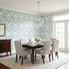 INDIES IKAT French Blue | Thibaut Wallcoverings - Dining Room Visualization (AI-generated, may not be to scale. Verify pattern scale with product specifications.)