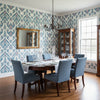 INDIES IKAT Lavender and French Blue | Thibaut Wallcoverings - Dining Room Visualization (AI-generated, may not be to scale. Verify pattern scale with product specifications.)