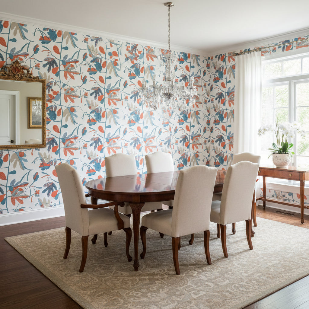 MATISSE LEAF French Blue and Coral | Thibaut Wallcoverings - Dining Room Visualization (AI-generated, may not be to scale. Verify pattern scale with product specifications.)