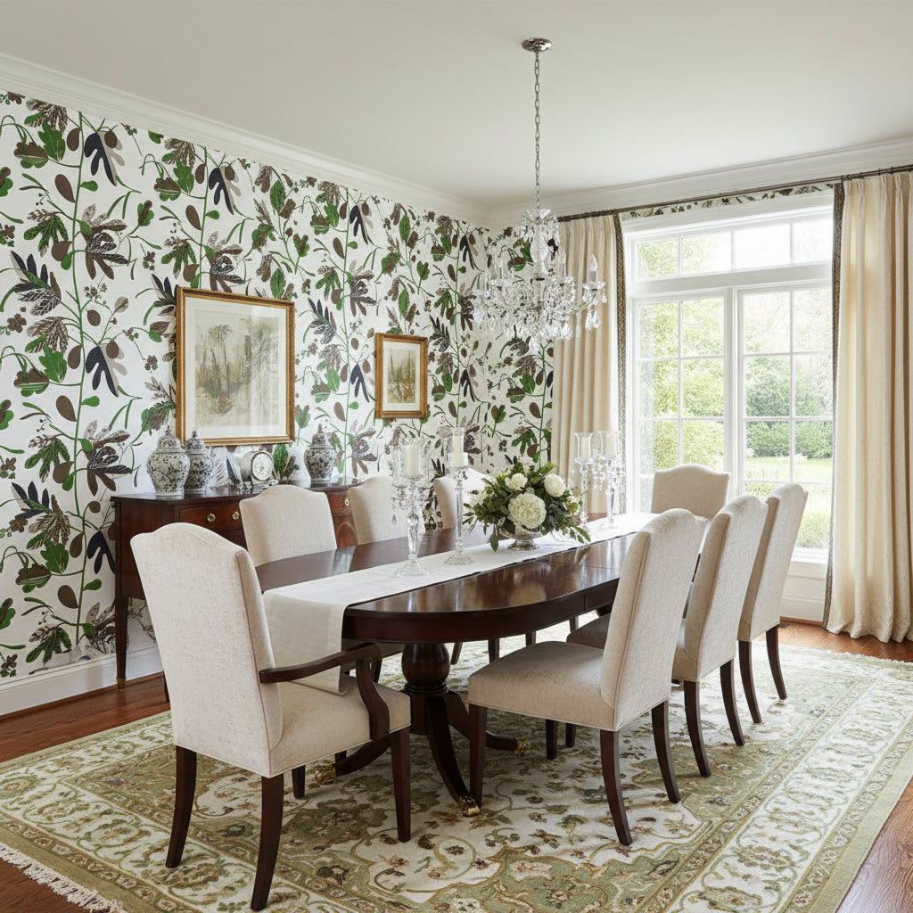 MATISSE LEAF Black and Green | Thibaut Wallcoverings - Dining Room Visualization (AI-generated, may not be to scale. Verify pattern scale with product specifications.)