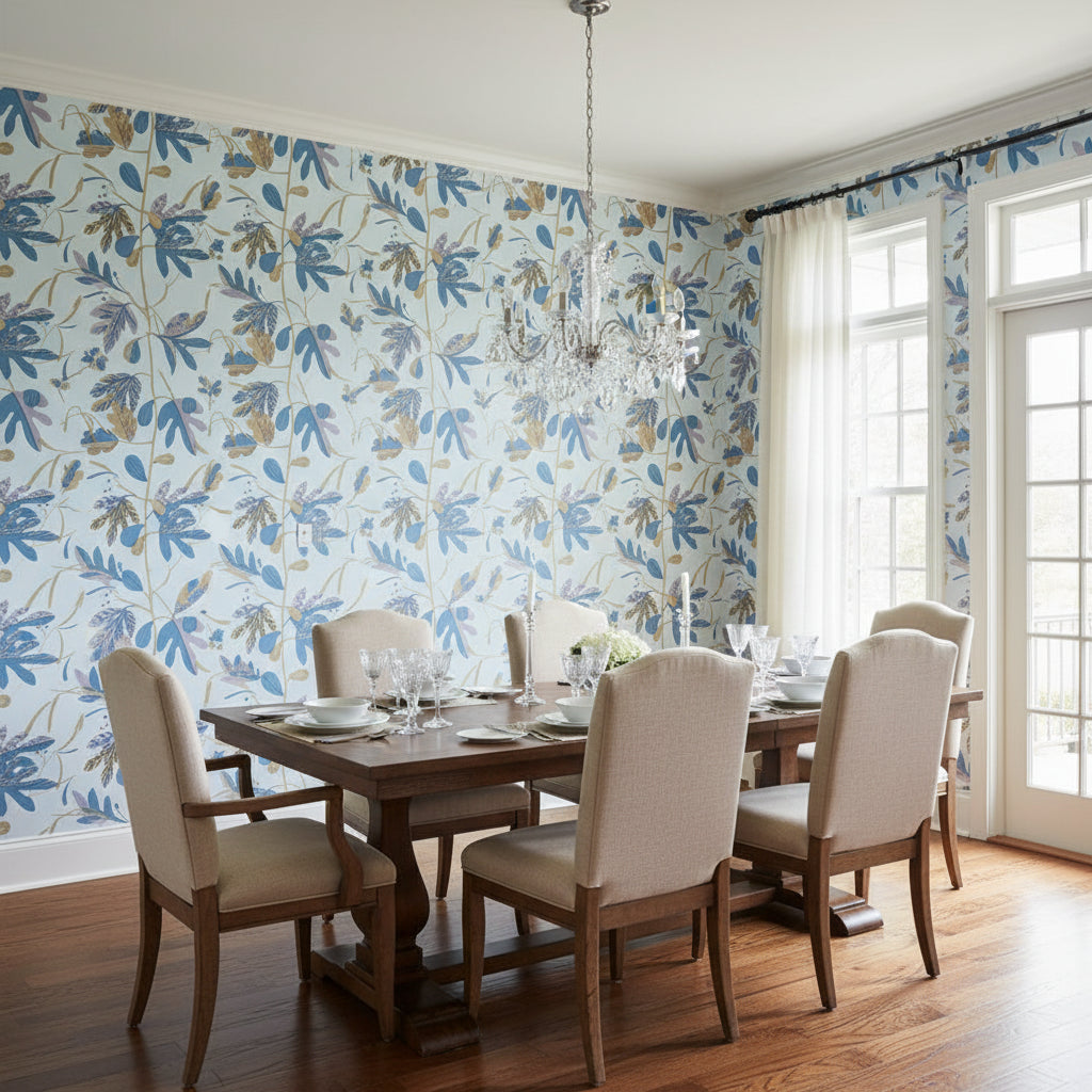 MATISSE LEAF Lavender and Blue | Thibaut Wallcoverings - Dining Room Visualization (AI-generated, may not be to scale. Verify pattern scale with product specifications.)