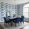 MATISSE LEAF Blue and White | Thibaut Wallcoverings - Dining Room Visualization (AI-generated, may not be to scale. Verify pattern scale with product specifications.)