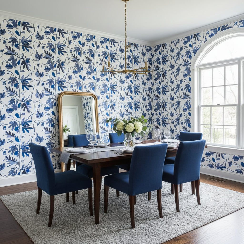 MATISSE LEAF Blue and White | Thibaut Wallcoverings - Dining Room Visualization (AI-generated, may not be to scale. Verify pattern scale with product specifications.)
