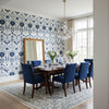 MENDOZA SUZANI Blue and White | Thibaut Wallcoverings - Dining Room Visualization (AI-generated, may not be to scale. Verify pattern scale with product specifications.)