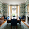 MENDOZA SUZANI Blue and Green on White | Thibaut Wallcoverings - Dining Room Visualization (AI-generated, may not be to scale. Verify pattern scale with product specifications.)