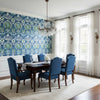 MENDOZA SUZANI Blue and Green on Navy | Thibaut Wallcoverings - Dining Room Visualization (AI-generated, may not be to scale. Verify pattern scale with product specifications.)