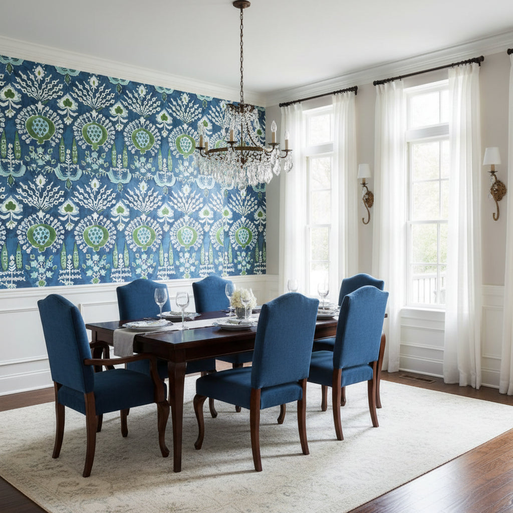 MENDOZA SUZANI Blue and Green on Navy | Thibaut Wallcoverings - Dining Room Visualization (AI-generated, may not be to scale. Verify pattern scale with product specifications.)