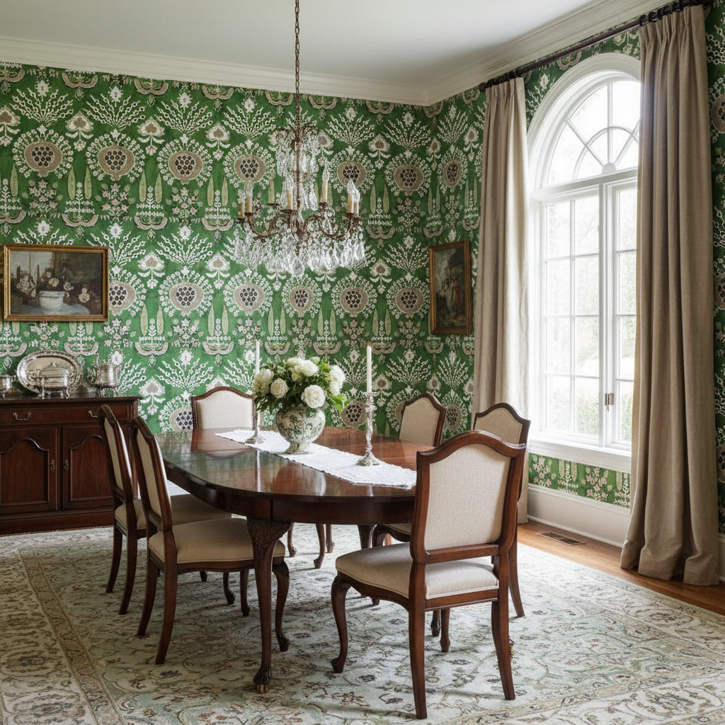 MENDOZA SUZANI Green | Thibaut Wallcoverings - Dining Room Visualization (AI-generated, may not be to scale. Verify pattern scale with product specifications.)