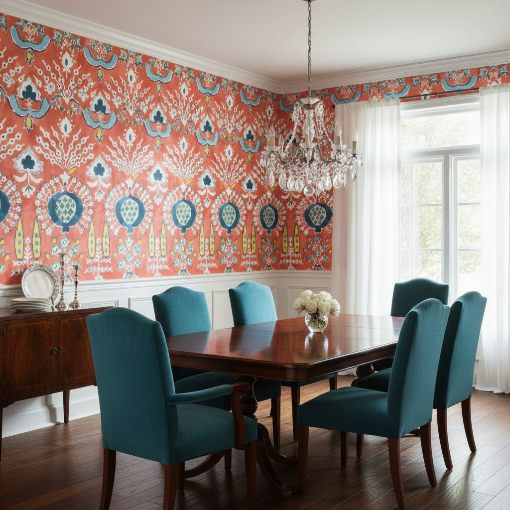 MENDOZA SUZANI Coral | Thibaut Wallcoverings - Dining Room Visualization (AI-generated, may not be to scale. Verify pattern scale with product specifications.)