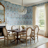 MENDOZA SUZANI French Blue and Lavender | Thibaut Wallcoverings - Dining Room Visualization (AI-generated, may not be to scale. Verify pattern scale with product specifications.)