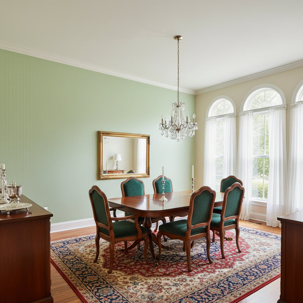 PALAWAN Green | Thibaut Wallcoverings - Dining Room Visualization (AI-generated, may not be to scale. Verify pattern scale with product specifications.)