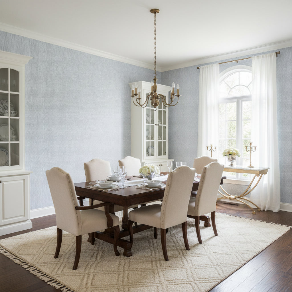 PALAWAN Blue | Thibaut Wallcoverings - Dining Room Visualization (AI-generated, may not be to scale. Verify pattern scale with product specifications.)