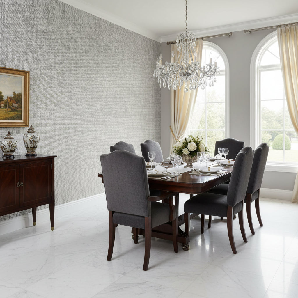 PALAWAN Charcoal | Thibaut Wallcoverings - Dining Room Visualization (AI-generated, may not be to scale. Verify pattern scale with product specifications.)