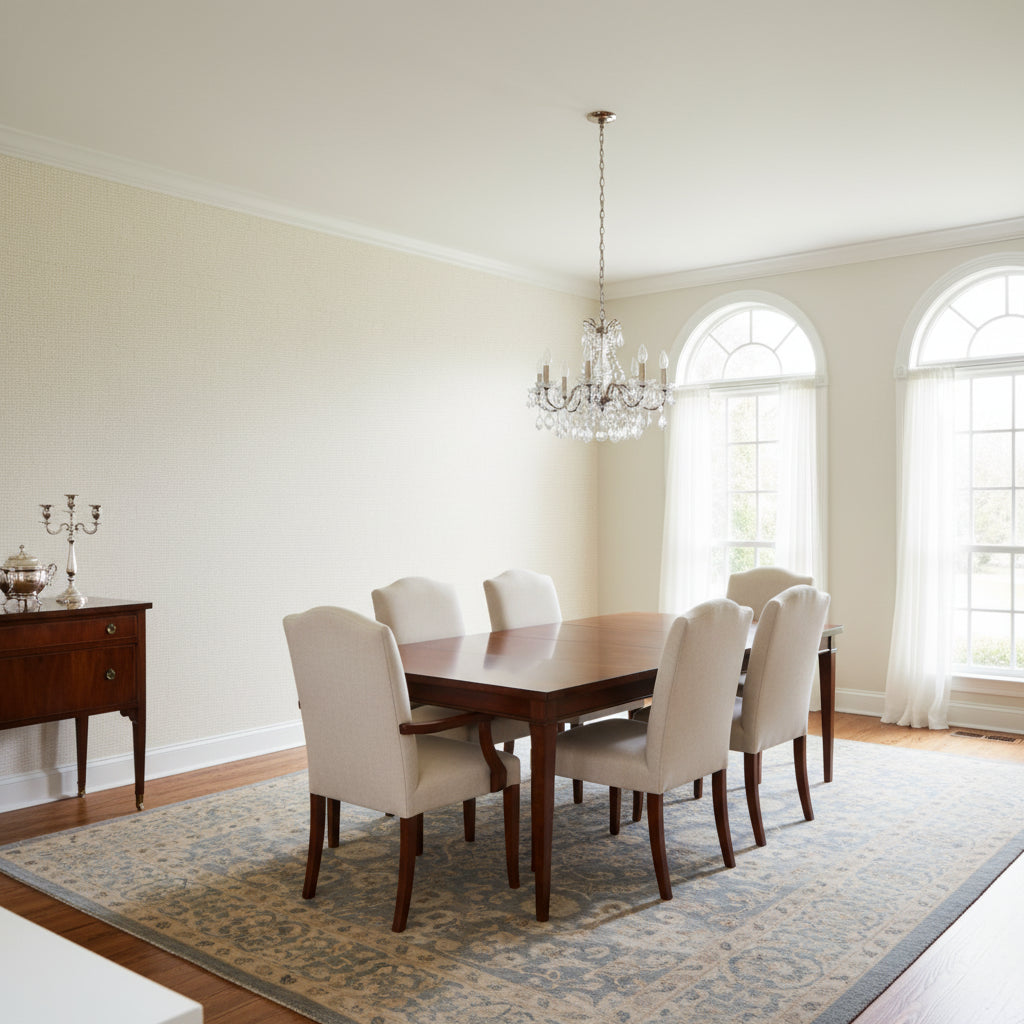 PALAWAN Beige | Thibaut Wallcoverings - Dining Room Visualization (AI-generated, may not be to scale. Verify pattern scale with product specifications.)