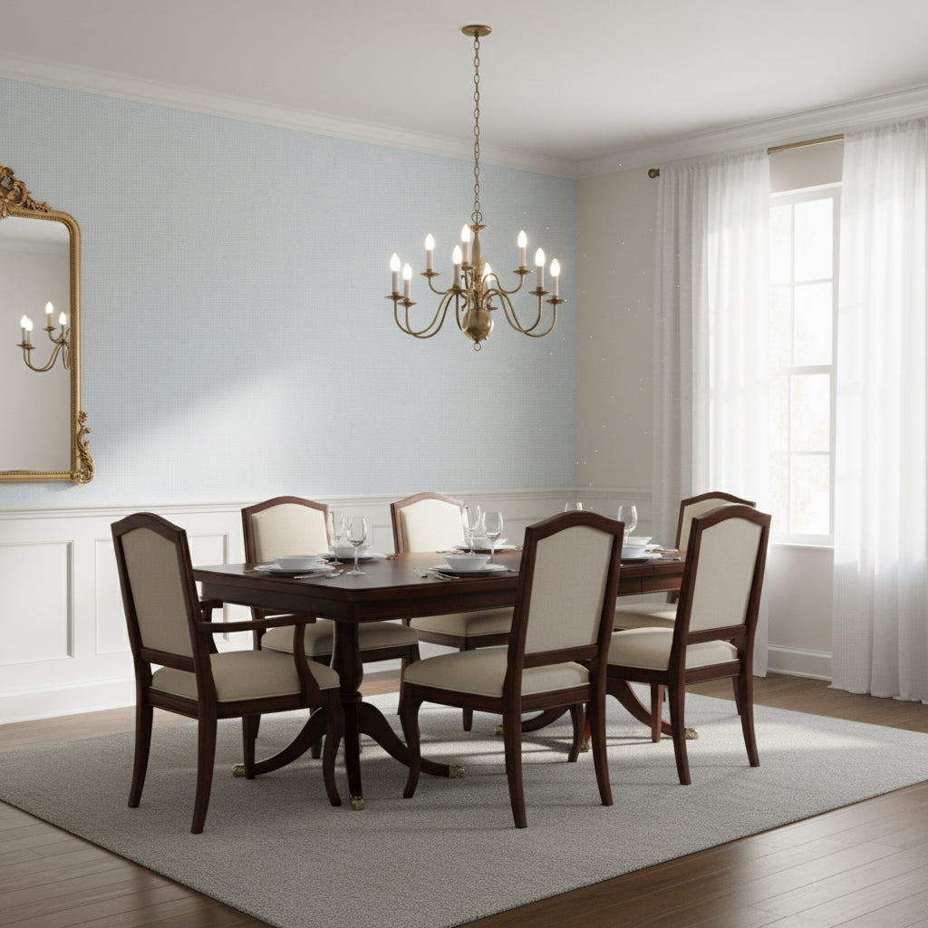 PALAWAN French Blue | Thibaut Wallcoverings - Dining Room Visualization (AI-generated, may not be to scale. Verify pattern scale with product specifications.)