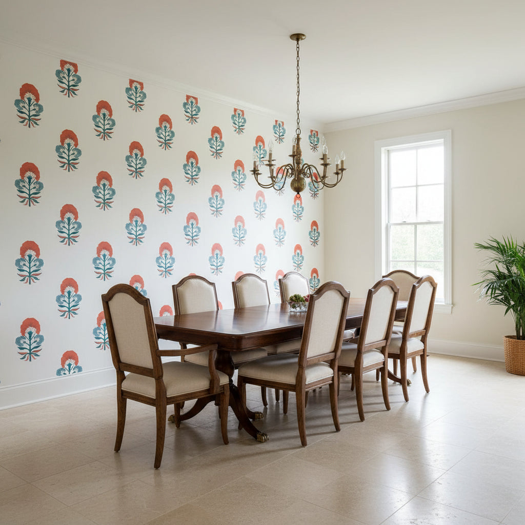 TYBEE BUD French Blue and Coral | Thibaut Wallcoverings - Dining Room Visualization (AI-generated, may not be to scale. Verify pattern scale with product specifications.)