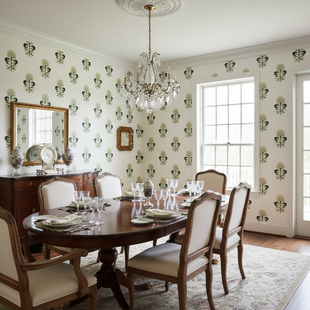 TYBEE BUD Black and Green | Thibaut Wallcoverings - Dining Room Visualization (AI-generated, may not be to scale. Verify pattern scale with product specifications.)