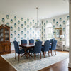 TYBEE BUD Green and Blue | Thibaut Wallcoverings - Dining Room Visualization (AI-generated, may not be to scale. Verify pattern scale with product specifications.)