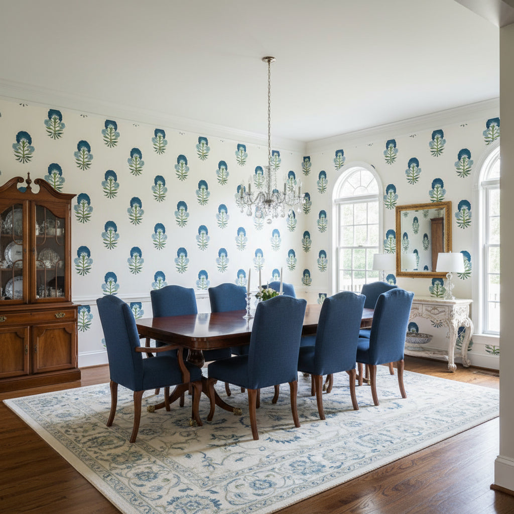 TYBEE BUD Green and Blue | Thibaut Wallcoverings - Dining Room Visualization (AI-generated, may not be to scale. Verify pattern scale with product specifications.)
