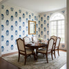 TYBEE BUD Blue and White | Thibaut Wallcoverings - Dining Room Visualization (AI-generated, may not be to scale. Verify pattern scale with product specifications.)