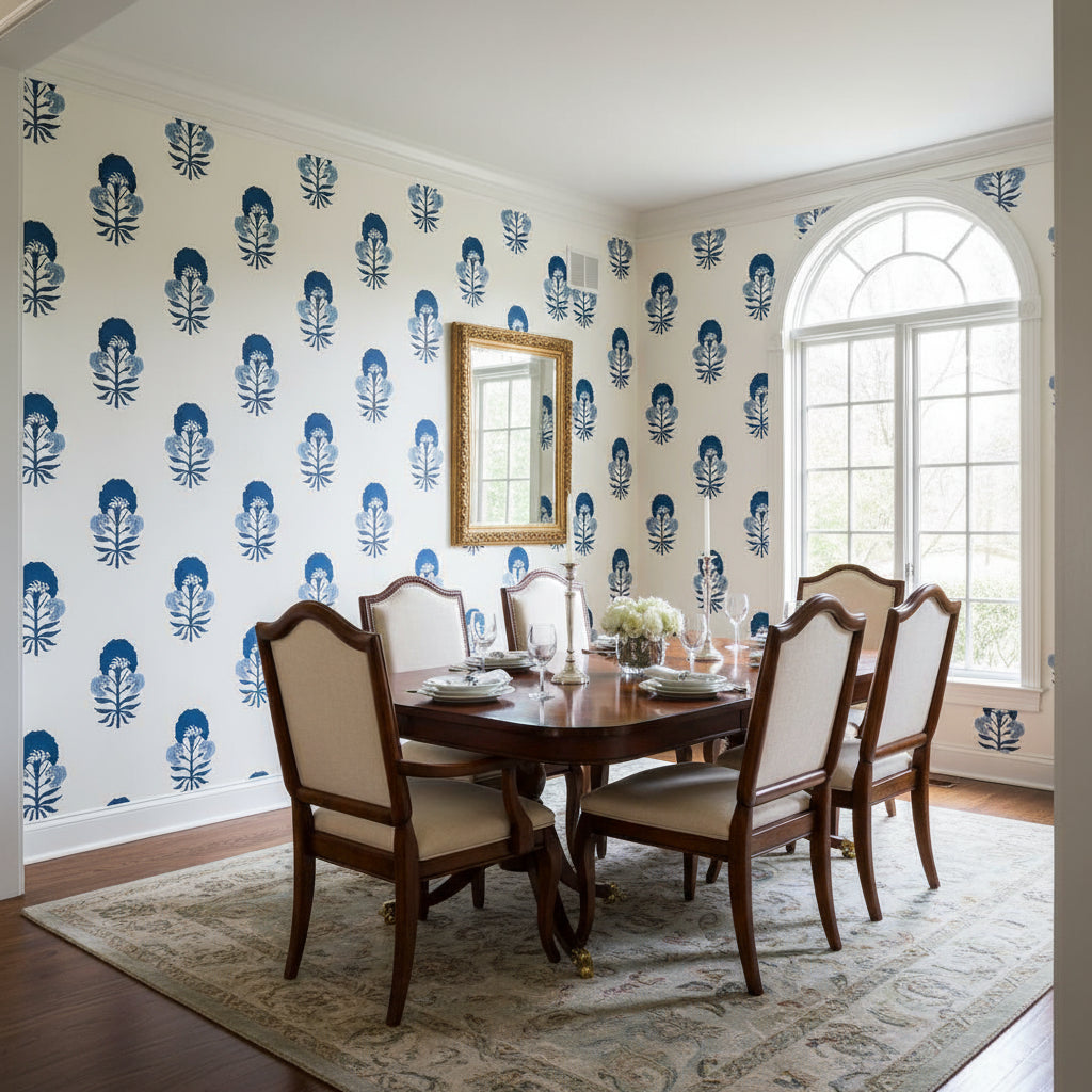 TYBEE BUD Blue and White | Thibaut Wallcoverings - Dining Room Visualization (AI-generated, may not be to scale. Verify pattern scale with product specifications.)