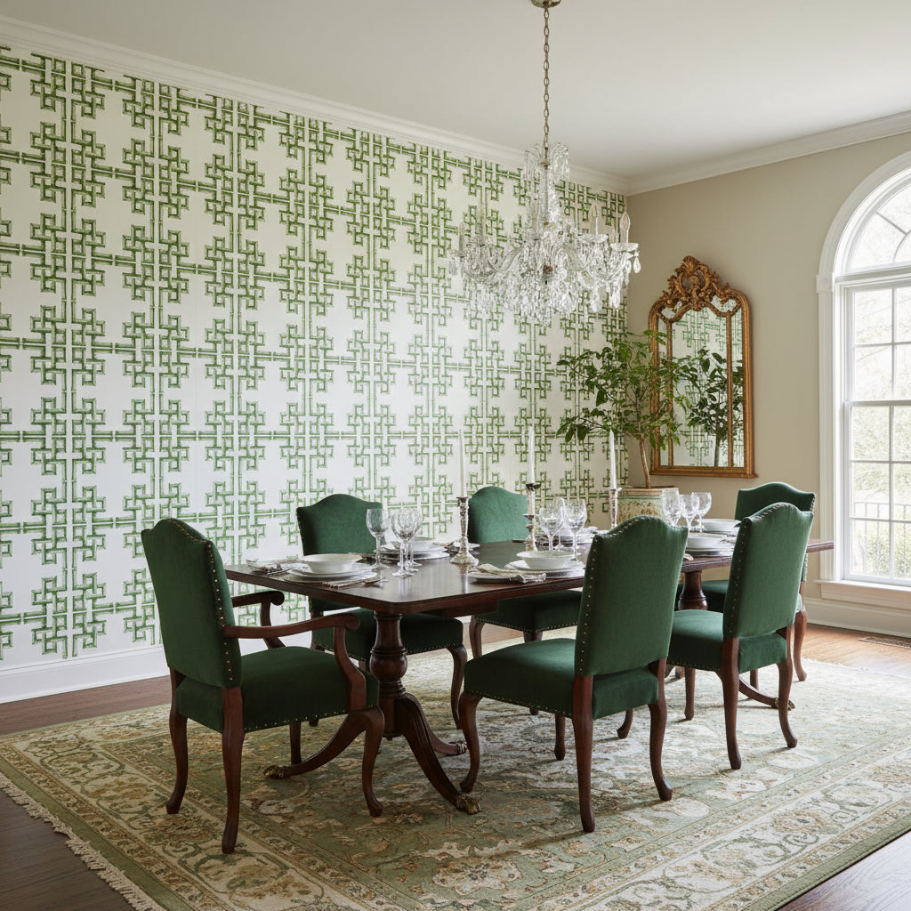 BOCA BAMBOO Green | Thibaut Wallcoverings - Dining Room Visualization (AI-generated, may not be to scale. Verify pattern scale with product specifications.)
