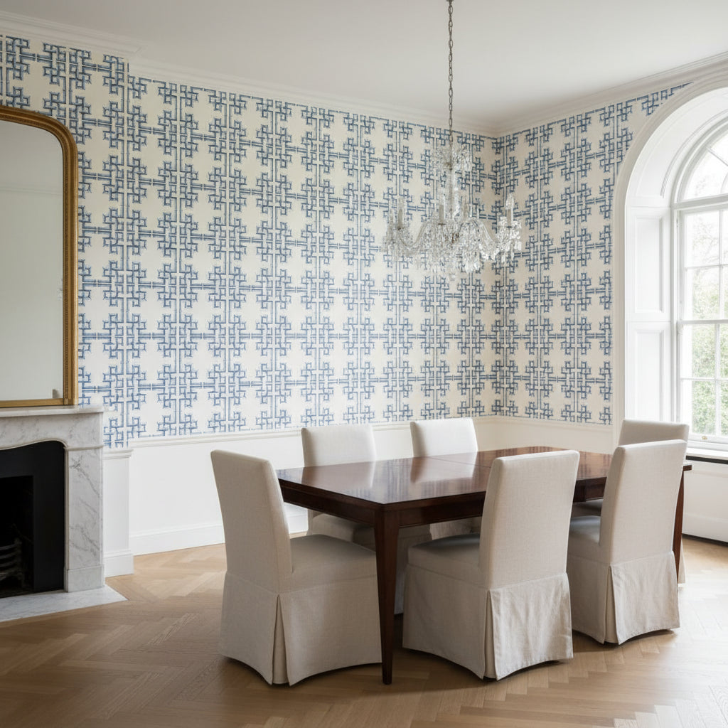 BOCA BAMBOO Blue | Thibaut Wallcoverings - Dining Room Visualization (AI-generated, may not be to scale. Verify pattern scale with product specifications.)