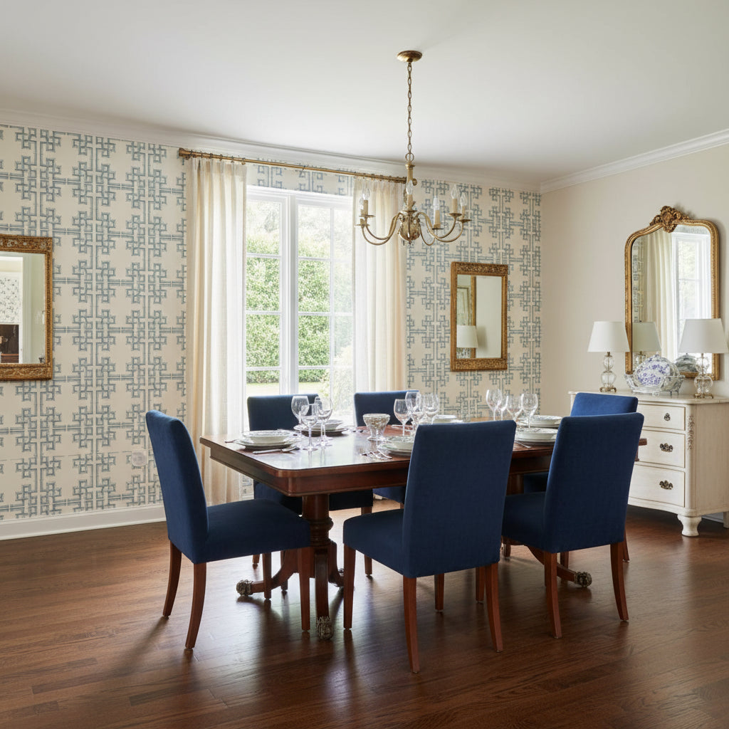 BOCA BAMBOO Spa Blue | Thibaut Wallcoverings - Dining Room Visualization (AI-generated, may not be to scale. Verify pattern scale with product specifications.)