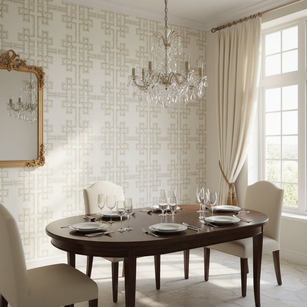BOCA BAMBOO Beige | Thibaut Wallcoverings - Dining Room Visualization (AI-generated, may not be to scale. Verify pattern scale with product specifications.)