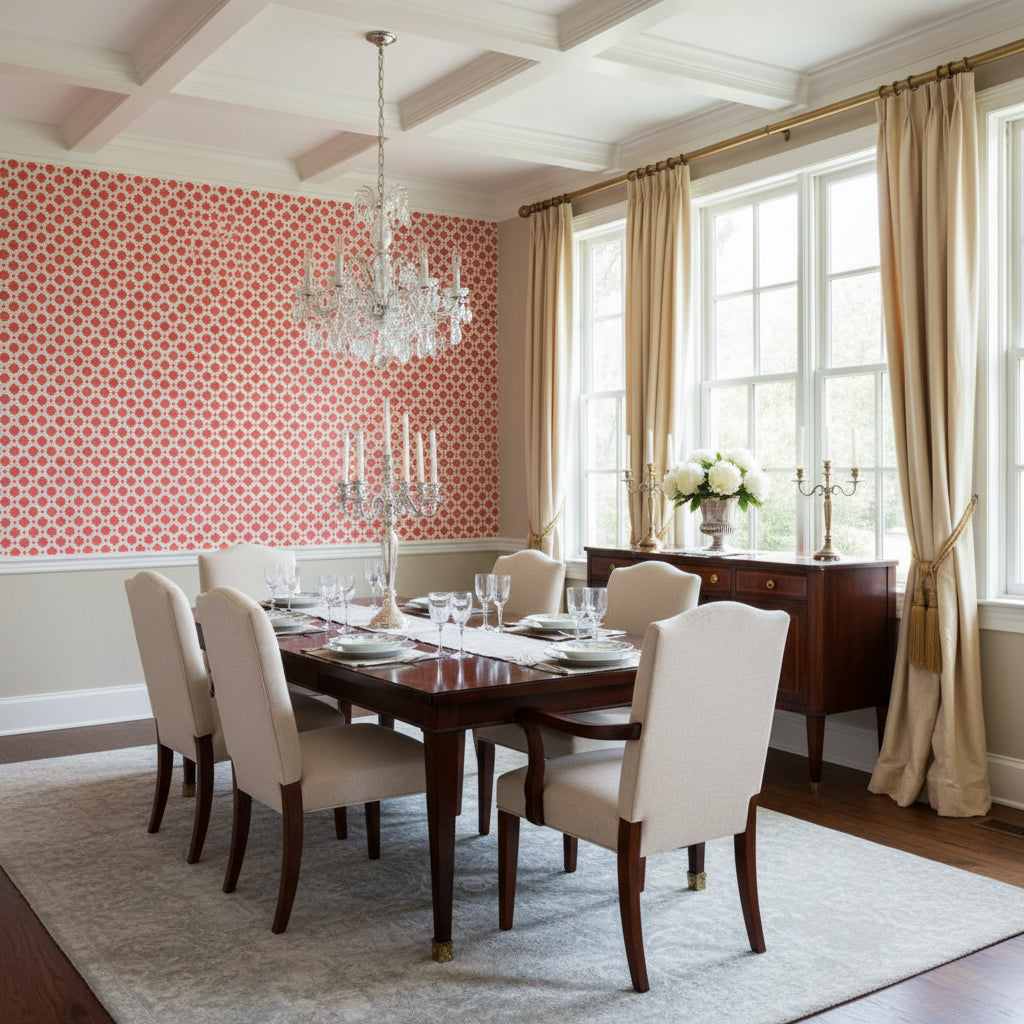 CHARTER Coral | Thibaut Wallcoverings - Dining Room Visualization (AI-generated, may not be to scale. Verify pattern scale with product specifications.)