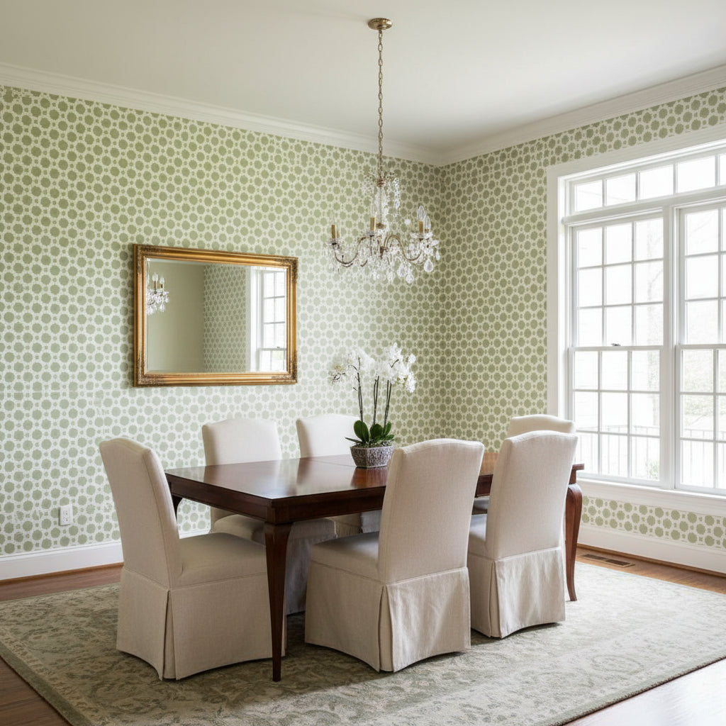 CHARTER Sage | Thibaut Wallcoverings - Dining Room Visualization (AI-generated, may not be to scale. Verify pattern scale with product specifications.)