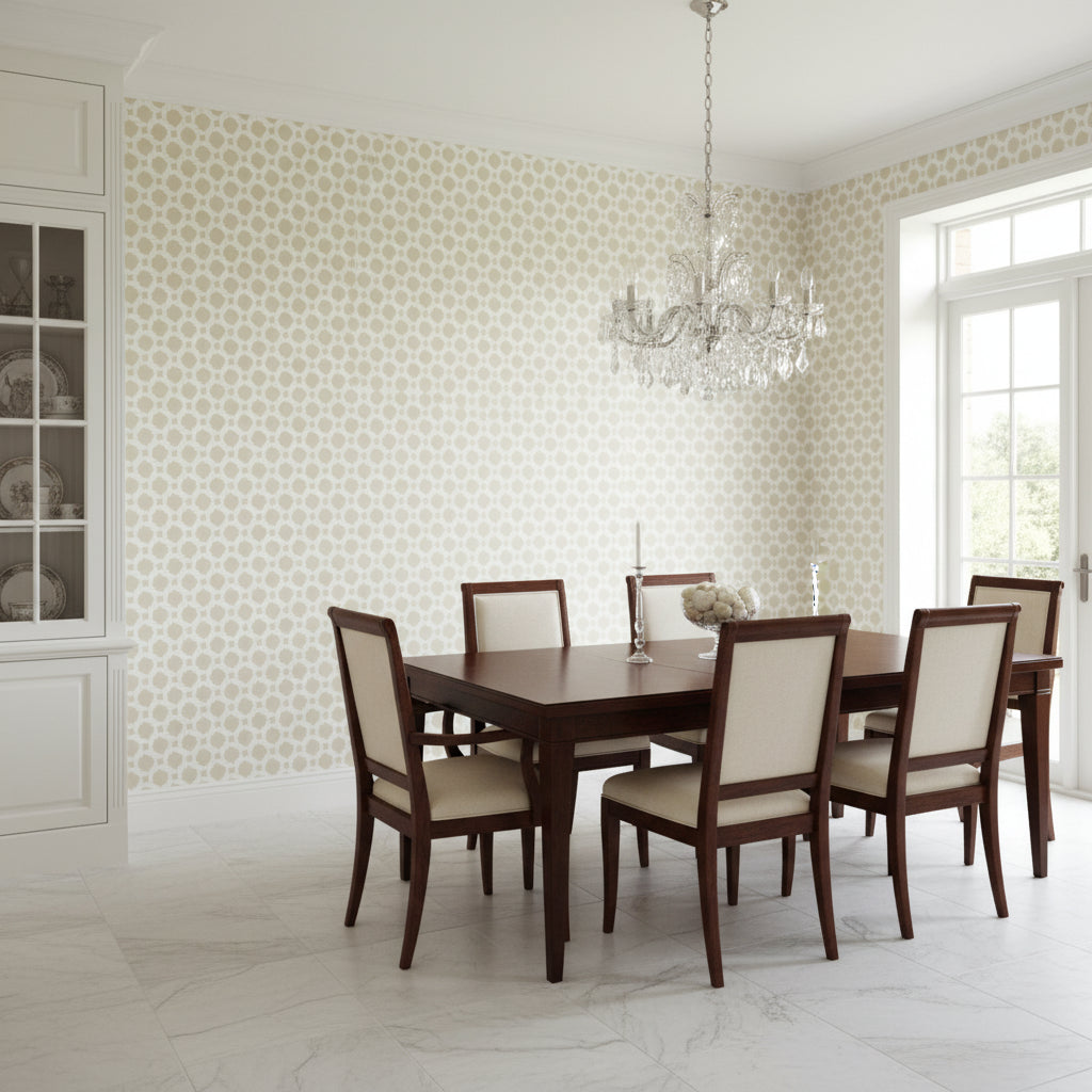 CHARTER Beige | Thibaut Wallcoverings - Dining Room Visualization (AI-generated, may not be to scale. Verify pattern scale with product specifications.)