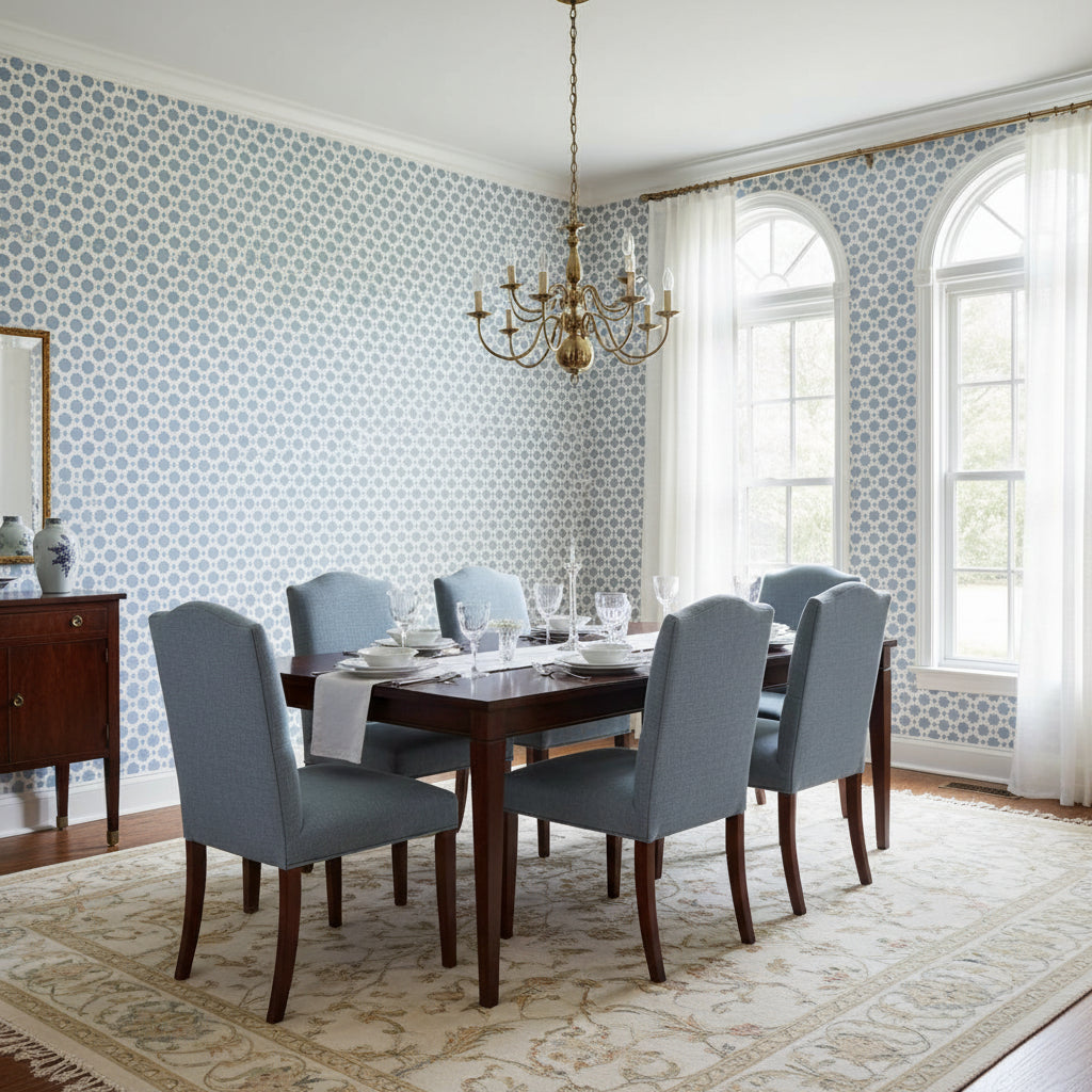 CHARTER Blue | Thibaut Wallcoverings - Dining Room Visualization (AI-generated, may not be to scale. Verify pattern scale with product specifications.)