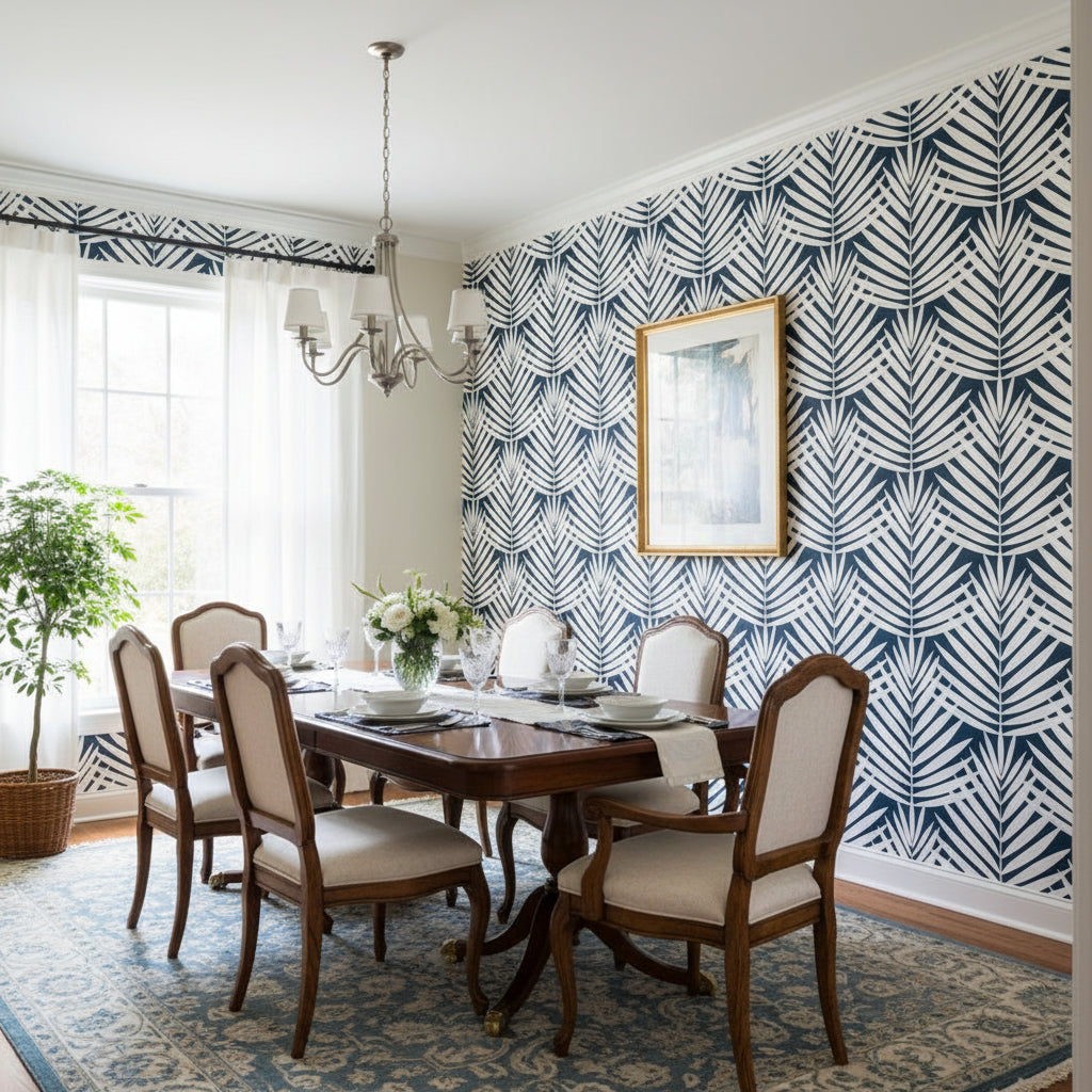 CROATIA Navy | Thibaut Wallcoverings - Dining Room Visualization (AI-generated, may not be to scale. Verify pattern scale with product specifications.)