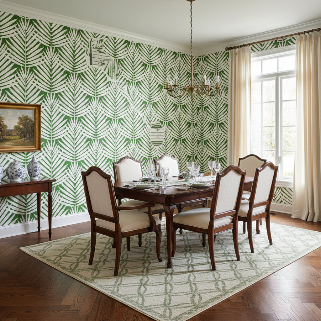 CROATIA Green | Thibaut Wallcoverings - Dining Room Visualization (AI-generated, may not be to scale. Verify pattern scale with product specifications.)