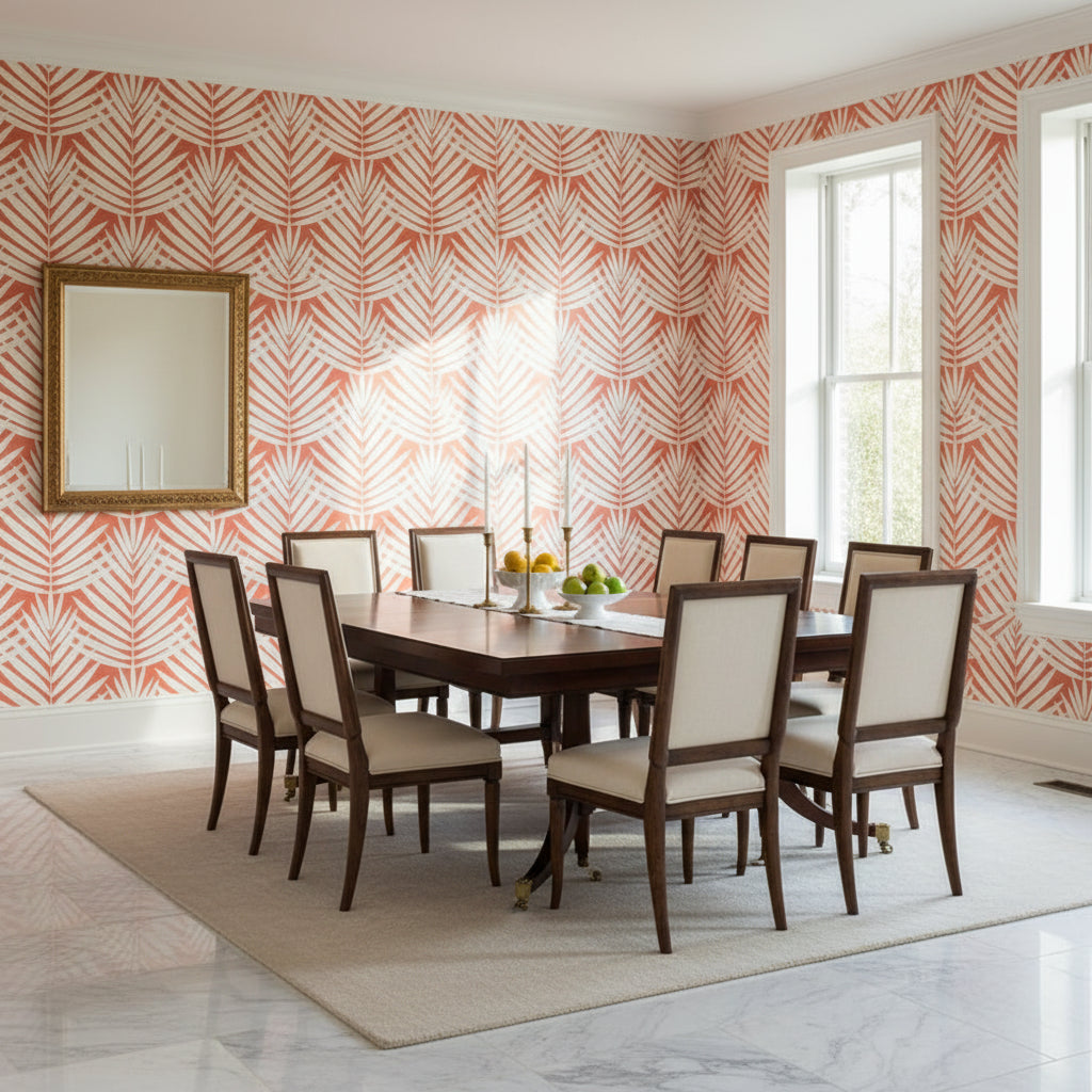 CROATIA Coral | Thibaut Wallcoverings - Dining Room Visualization (AI-generated, may not be to scale. Verify pattern scale with product specifications.)