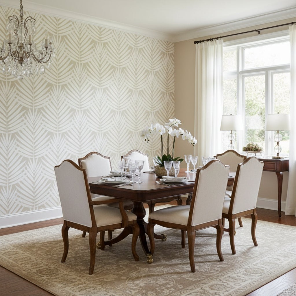 CROATIA Beige | Thibaut Wallcoverings - Dining Room Visualization (AI-generated, may not be to scale. Verify pattern scale with product specifications.)