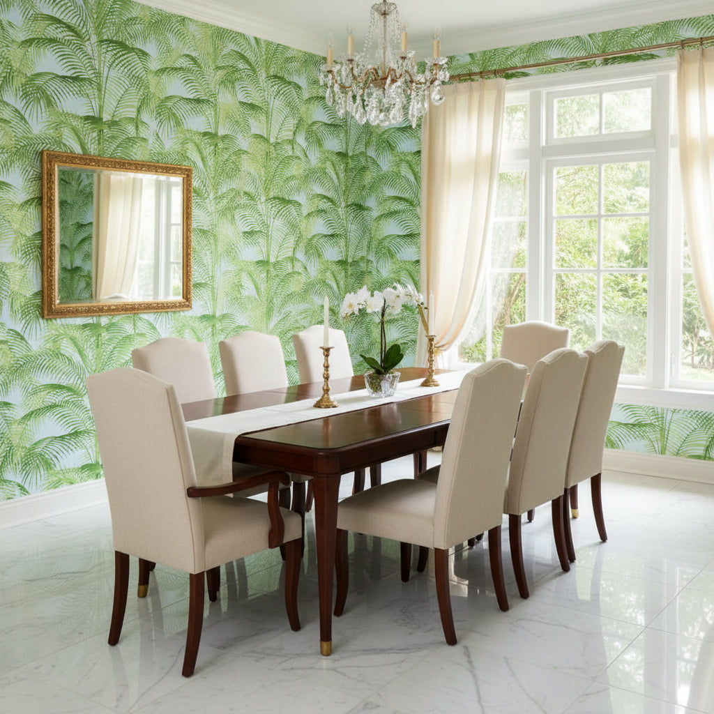 DELRAY Green and Blue | Thibaut Wallcoverings - Dining Room Visualization (AI-generated, may not be to scale. Verify pattern scale with product specifications.)