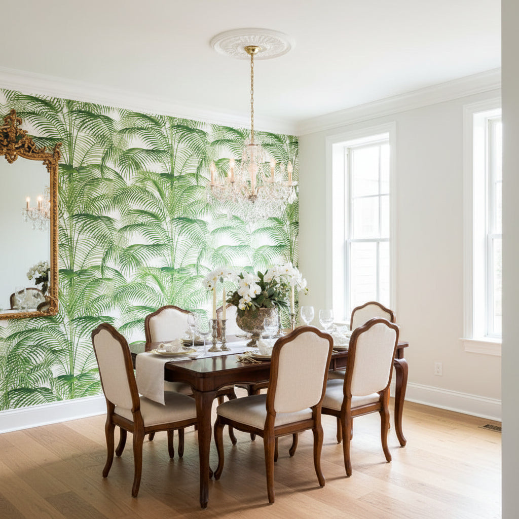 DELRAY Green | Thibaut Wallcoverings - Dining Room Visualization (AI-generated, may not be to scale. Verify pattern scale with product specifications.)