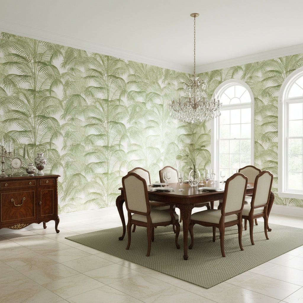 DELRAY Sage | Thibaut Wallcoverings - Dining Room Visualization (AI-generated, may not be to scale. Verify pattern scale with product specifications.)