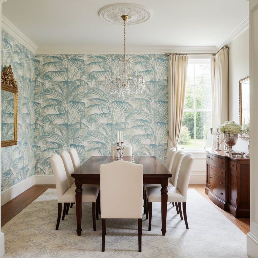 DELRAY Spa Blue | Thibaut Wallcoverings - Dining Room Visualization (AI-generated, may not be to scale. Verify pattern scale with product specifications.)