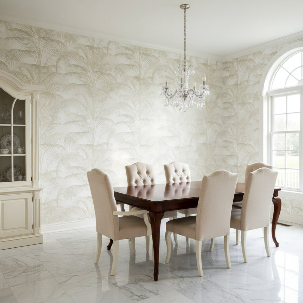 DELRAY Pearl | Thibaut Wallcoverings - Dining Room Visualization (AI-generated, may not be to scale. Verify pattern scale with product specifications.)