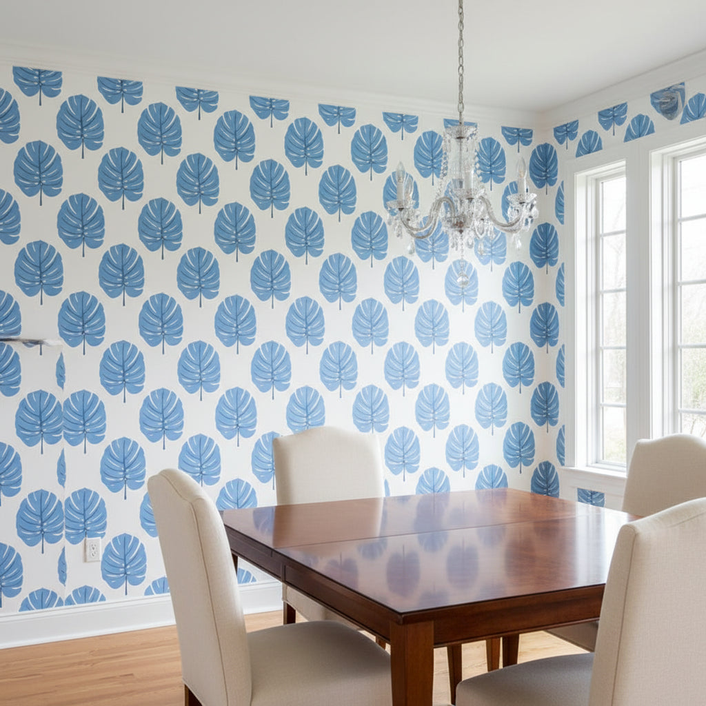 MONSTERA Blue | Thibaut Wallcoverings - Dining Room Visualization (AI-generated, may not be to scale. Verify pattern scale with product specifications.)