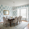 MONSTERA Spa Blue | Thibaut Wallcoverings - Dining Room Visualization (AI-generated, may not be to scale. Verify pattern scale with product specifications.)
